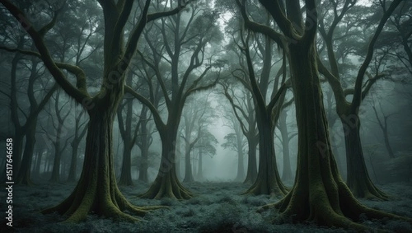 Fototapeta Enchanted black and white tropical rainforest with mysterious trees