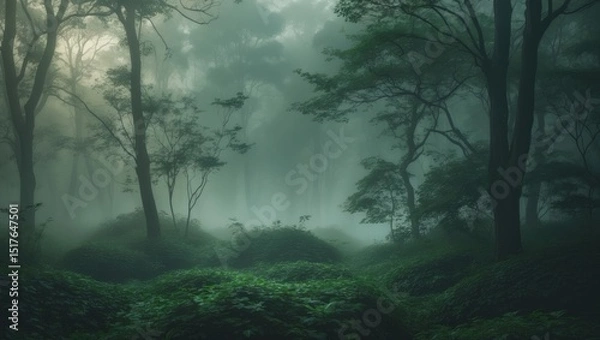 Obraz Misty morning in a lush tropical jungle with dense canopy and fog