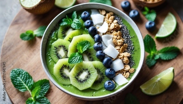 Obraz Vegan matcha green tea breakfast bowl with superfood toppings including chia, flax, pumpkin seeds, bee pollen, granola, coconut flakes, kiwi, and blueberries, served in a rustic wooden setting.