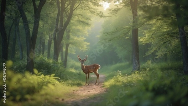 Obraz Deer basking in sunlight amid forest