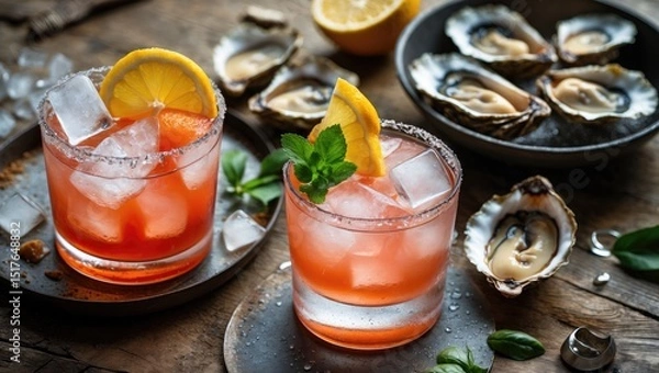 Obraz Elegant dinner with oysters, fish, and martinis during happy hour