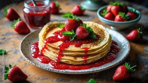 Obraz Delicious thin pancakes with fresh strawberries and jam arranged on a white wooden surface, flat lay.