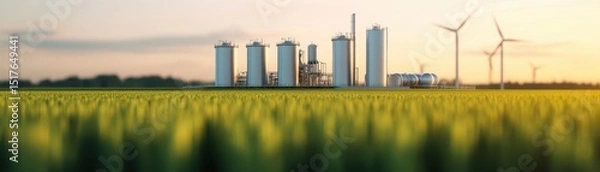 Fototapeta Industrial plant and wind turbines rise above a green field, symbolizing the blend of agriculture, industry, and renewable energy.