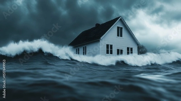 Fototapeta A house is surrounded by massive ocean waves under a stormy, dark sky, creating a dramatic and intense scene.