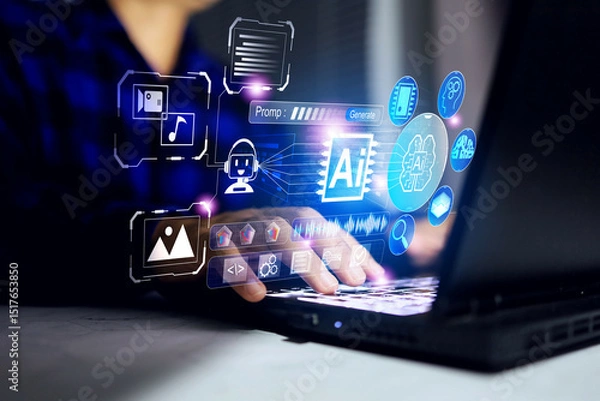 Fototapeta ai agents concept with businessman is using artificial intelligence agentic technology on laptop computer to help make decision marking on business and planning schedule for organization improvement