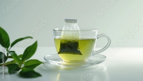 Fototapeta White background featuring a mug of aromatic jasmine tea with pyramid tea bag