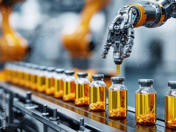 Fototapeta Robotic arm precisely filling vials with golden liquid in a modern facility