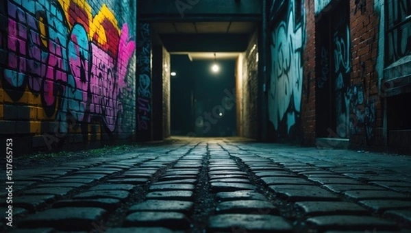 Fototapeta Darkness engulfs an abandoned, grimy city alley at night, hinting at danger and crime