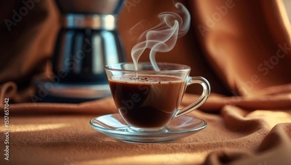 Fototapeta Coffee house background with steaming mug of hot beverage