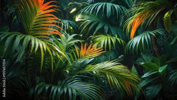 Fototapeta Lush green palm leaves against a dark jungle backdrop