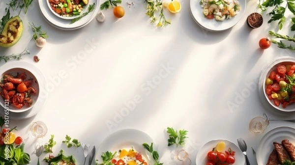 Fototapeta Assorted summer dishes arranged on a white surface. Template concept with empty space for the design of decorative frames, cards, backgrounds, banners and posters