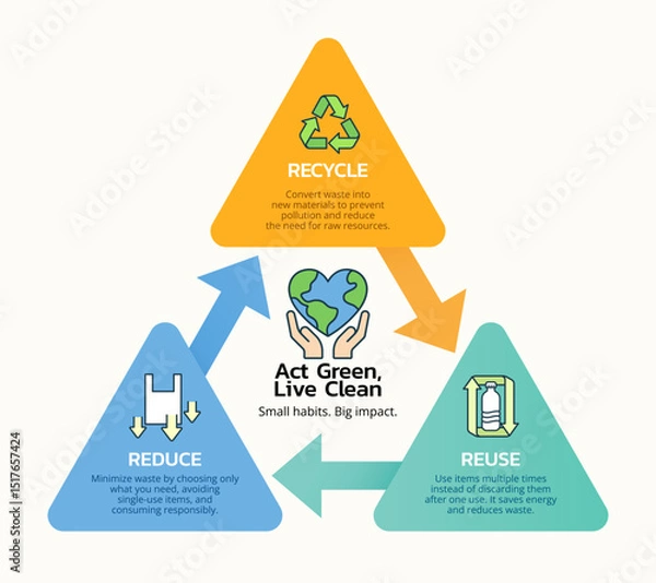 Obraz Eco-friendly infographic explaining the 3Rs of sustainability: Reduce, Reuse, Recycle. This educational visual highlights how to minimize waste, conserve resources