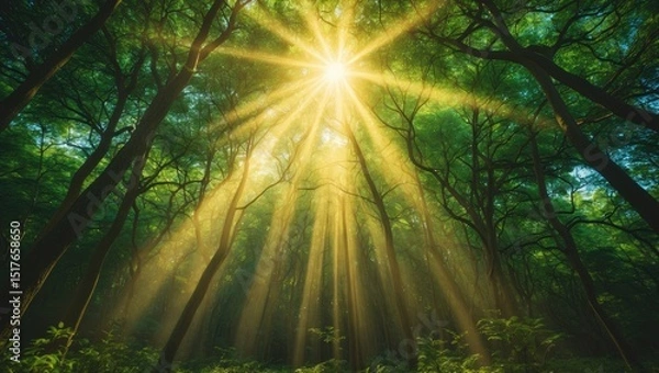 Obraz Tree with Sunrays through the Canopy in Forest