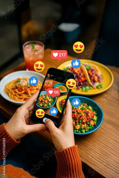 Fototapeta Person holding a smartphone photographing a colorful table of pasta, tacos, and salad with floating likes, hearts, and emoji icons for a vibrant social media post.