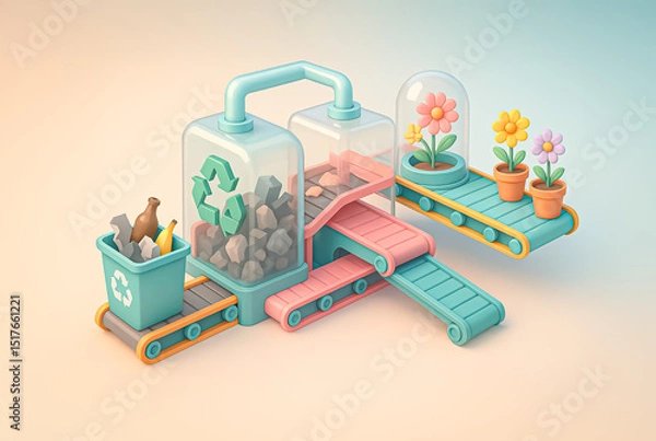 Fototapeta Whimsical illustration of a recycling conveyor system transforming trash into colorful potted flowers, visualizing sustainability and eco-innovation.