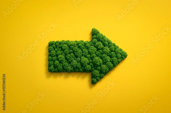 Obraz Artistic image of a leafy arrow pointing right, made from dense forest patterns over a yellow surface, expressing environmental direction.
