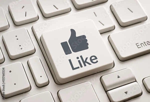 Fototapeta Macro view of a keyboard with an oversized key labeled 'Like' featuring a thumbs-up symbol, highlighting digital approval in a minimal design.