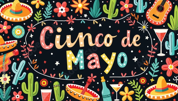 Fototapeta Cheerful Cinco de Mayo Illustration with Sombreros, Guitars, Cacti, and Festive Elements.