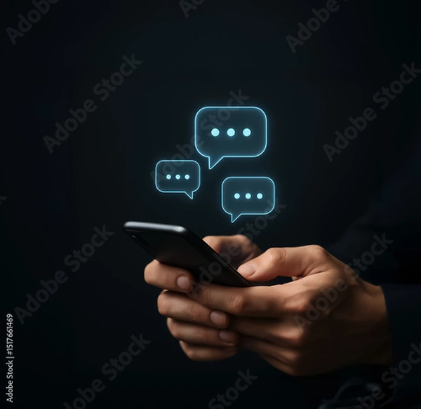 Fototapeta A pair of hands typing on a smartphone with floating chat bubbles, emphasizing modern mobile communication and real-time messaging.