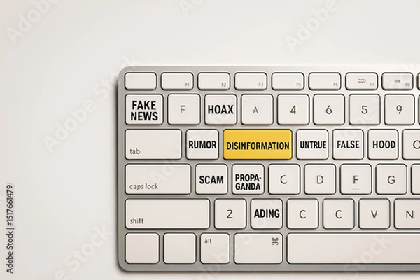 Obraz Close-up of computer keyboard with themed keys warning of misinformation, featuring bold text like 'Clickbait' and 'Lies'.