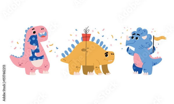 Obraz Cartoon Dinosaurs Joyfully Celebrating with Colorful Party Hats and Confetti in the Air
