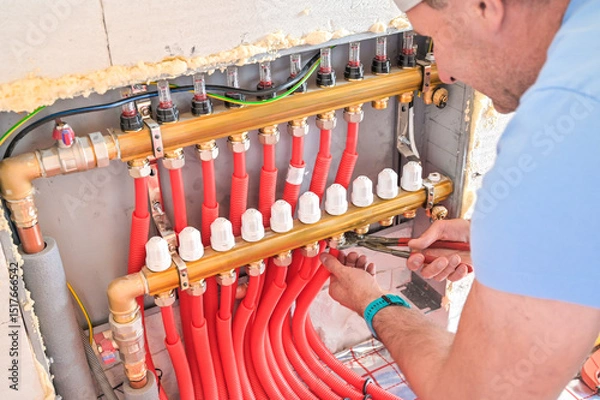 Fototapeta The image showcases a modern plumbing installation featuring red piping, valves, and fittings, illustrating the intricacies of plumbing work and craftsmanship