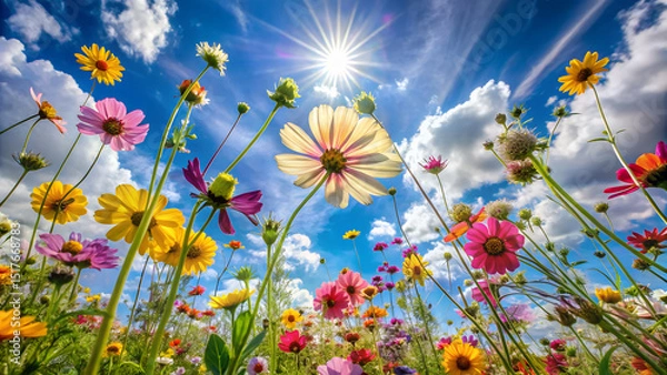 Fototapeta Flowers swaying in the breeze under a summer sky generative ai