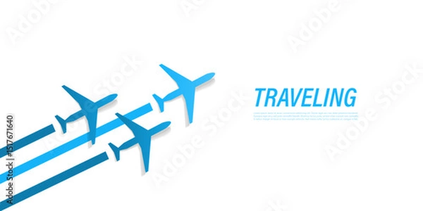 Fototapeta Minimal vector illustration of three blue airplane silhouettes on a white background with copy space and text  TRAVELING. Perfect for air travel ads, vacation web banners or modern travel concepts.