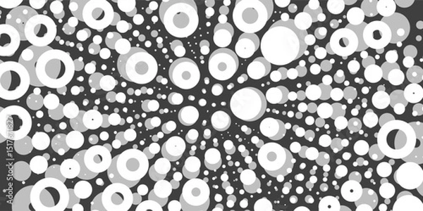 Fototapeta A minimal abstract pattern of white circles with soft gray shadows on a black background, creating a visual illusion of depth and movement from outer edges inward.