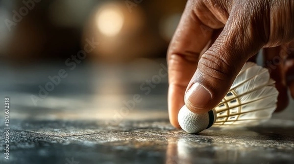 Fototapeta Close-Up of a Hand Placing a Shuttlecock on a Table with a Warm Background in Dim Light Perfect for Badminton Sports Photography