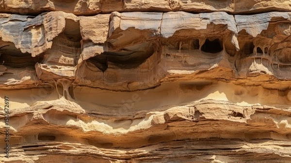 Fototapeta Harsh desert wilderness of Dubai with vibrant sand tones and rugged cliffs under sunlight