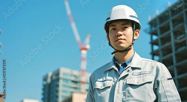 Fototapeta 建設現場を背景にヘルメットと作業服を着た若い日本人作業員が青空の下で未来を見据える真剣な表情の建築現場イメージ - 生成AI