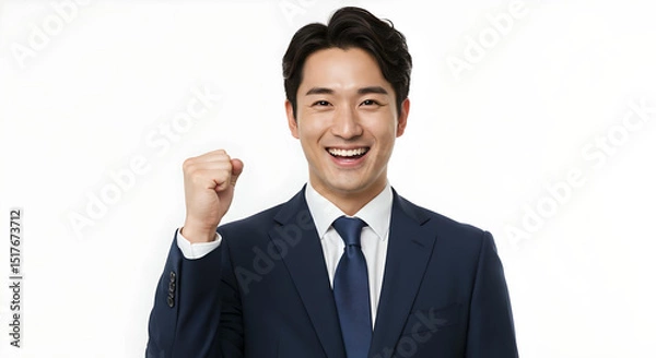 Obraz スーツ姿の若い日本人ビジネスマンが白背景で笑顔とガッツポーズを見せるポジティブでモチベーションを感じる成功イメージのポートレート - 生成AI