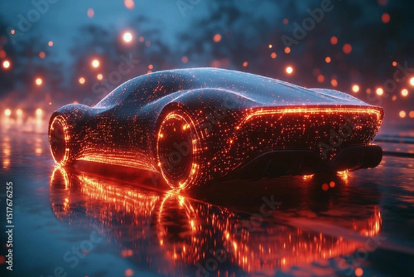 Fototapeta A sleek electric car showcases a captivating low-poly design, illuminated by glowing data lines