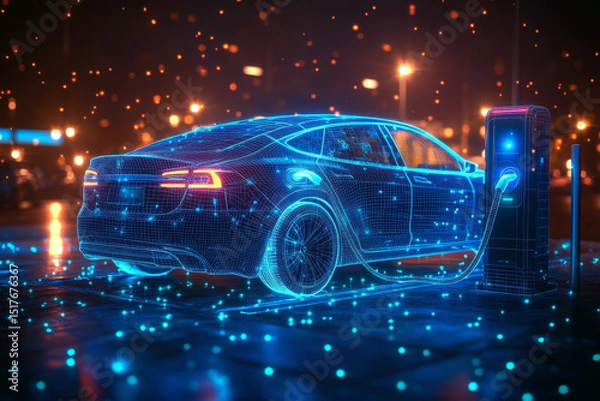 Fototapeta A low-poly wireframe model of an electric vehicle charging station stands illuminated, featuring striking blue and green digital accents, symbolizing modern technology and sustainability