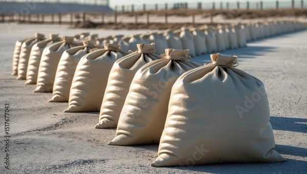 Fototapeta Tidal protection using sandbags to prevent flooding and manage landscape disasters