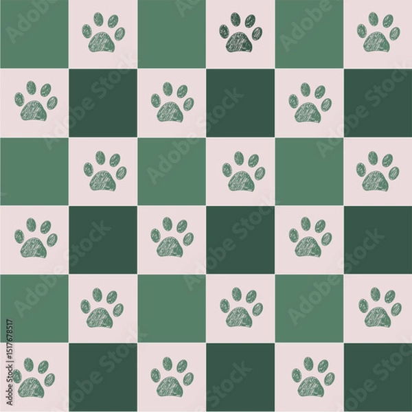 Fototapeta Plaid green and white and paws pattern.eps