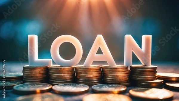 Fototapeta Graphical representation of a loan with coins and banknotes illustrating interest and fees in banking