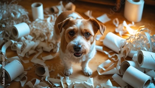 Fototapeta Playful and naughty Jack Russell terrier engaging in mischievous behavior like biting toilet paper, ideal for puppy training or separation anxiety themes.