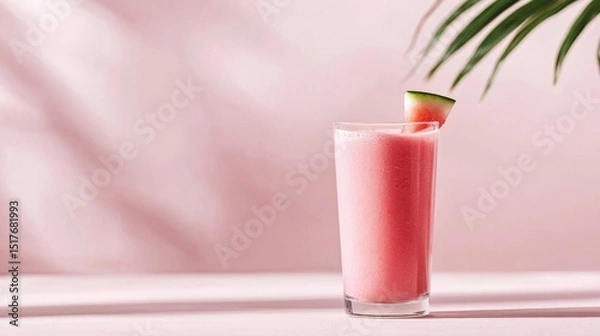Fototapeta Tall glass filled with a pink-colored drink. the drink appears to be a smoothie or a milkshake, with a slice of watermelon on the rim.