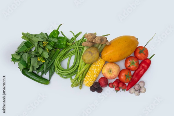 Fototapeta Fresh fruits and vegetables with white background
