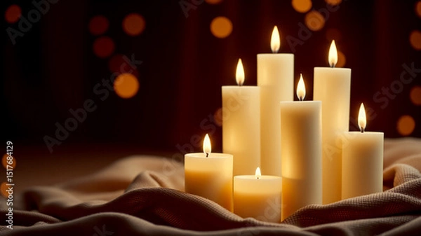 Fototapeta Lit candles arranged on brown fabric background