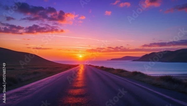 Fototapeta Sunset over asphalt street with ocean and mountain scenery in the background
