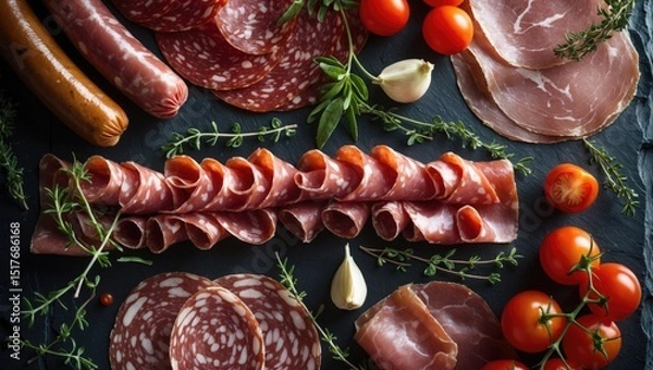 Fototapeta Salami and smoked sausage on a dark stone background with space for text