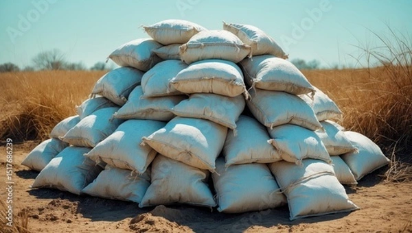 Fototapeta Family house backyard with a pile of white sandbags, old and new, used as temporary flood protection in case of floods from heavy rains, surrounded by uncut grass