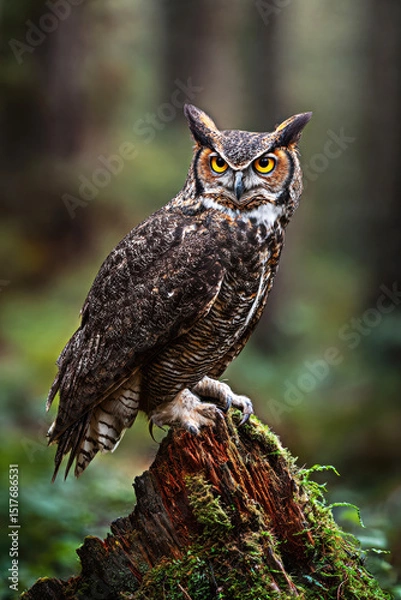 Fototapeta This stunning image captures an owl perched regally on a moss-covered stump, showcasing its fierce gaze and intricate feather patterns against a soft, blurred forest backdrop.