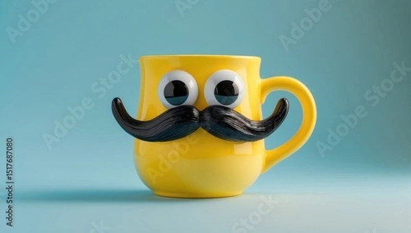 Fototapeta Happy Dad's Day: Yellow Coffee Cup with Mustache and Comical Eyes on Blue Background