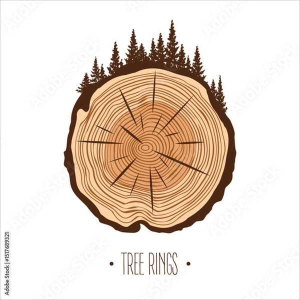 Fototapeta Round tree trunk cut with trees and forest. Sawn pine or oak slice, lumber. Saw cut timber, wood. Brown wooden texture with tree rings. Hand drawn sketch. Vector illustration