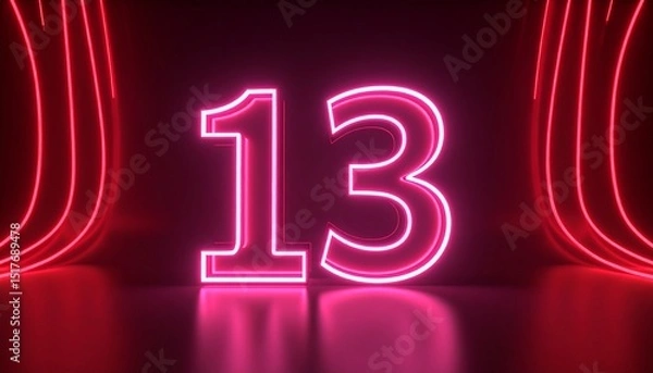 Obraz 3D rendering of a metallic number 13 with curved red neon lines on a background. 