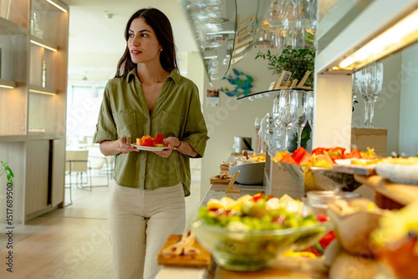 Fototapeta Tourist savoring a vibrant breakfast buffet at a luxurious resort, holding a plate filled with fresh, colorful fruit options